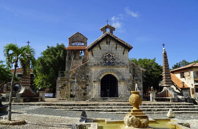 Cobblestone plaza and stone buildings at Altos de Chavon Village in the Dominican Republic