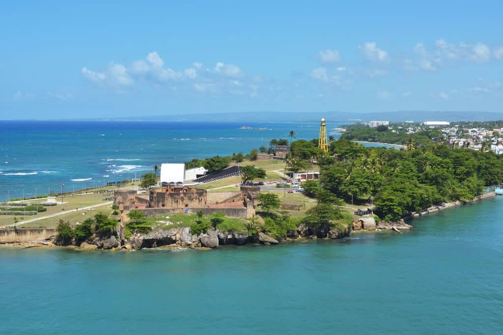 Aerial view of the historic Fortaleza San Felipe in Puerto Plata, Dominican Republic, by the ocean.