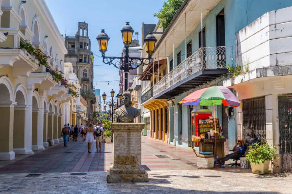 Calle El Conde pedestrian street in Santo Domingo at dusk