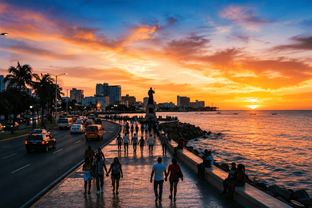 Sunset over the Malecón oceanfront promenade in Santo Domingo